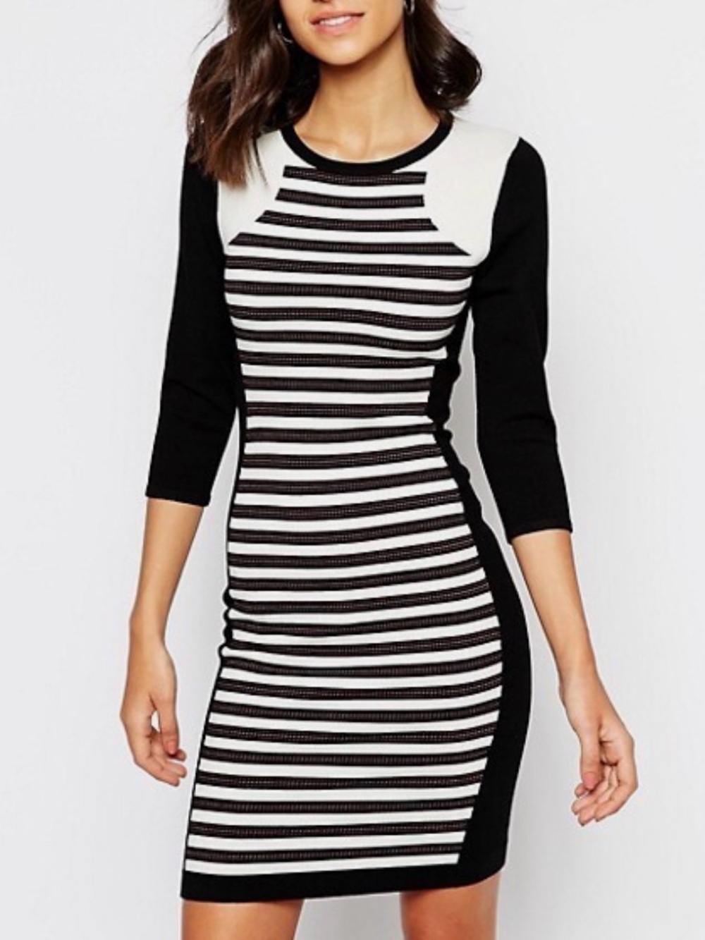 Karen Millen Sporty Stripe Sweater Dress Black White Bodycon Mini OfficeSiren XS